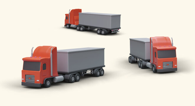 Modern 3D trucks, ready to go. Vehicles with big body and red cab. Vector illustrations for advertising transportation of large loads. Delivery services