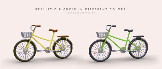 Modern bicycles in different colors. 3D bikes for country trips and city walks. Colorful cycles with shopping baskets and racks. Advertising banner for sellers, bicycle rental