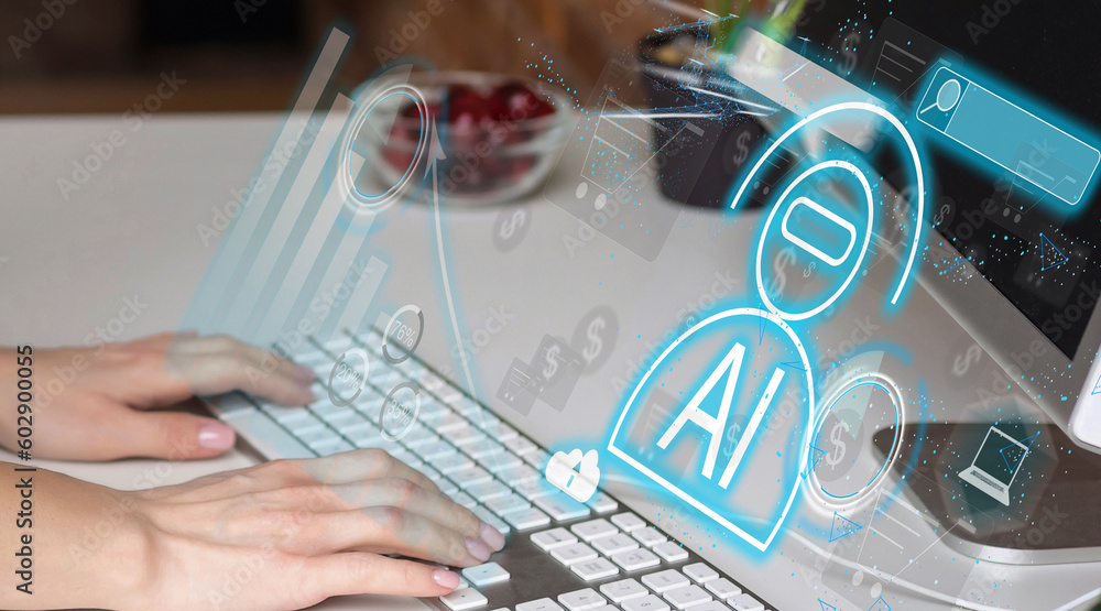 Poster woman using chatbot in computer and tablet smart intelligence ai. chat with ai artificial intelligen