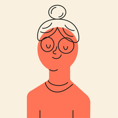 Grandmother woman elderly smiling in orange color silhouette with black outline. Flat style. Vector illustration.