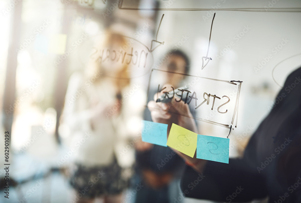 Poster Business woman, hand and strategy writing in a meeting at office with moodboard. Working, brainstorming and corporate team with sticky notes and networking strategy for problem solving and project