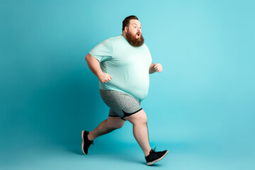 Overweight man running on blue background. Overweight and weight loss concept. Generative AI - obrazy, fototapety, plakaty