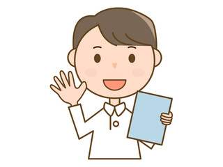 カルテを持って挨拶をするお医者さん_看護師_白衣を着た男性のイラスト