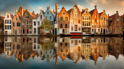 reflections in the water, canal, imaginary houses. typical canal of amsterdam or copenague. european city. made with ai - obrazy, fototapety, plakaty
