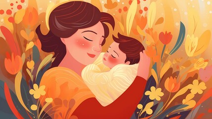 Mother hugs her kid illustration. Generative AI