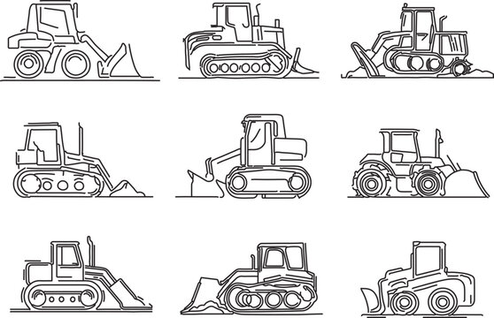 Line art vector silhouette of  Bulldozers 