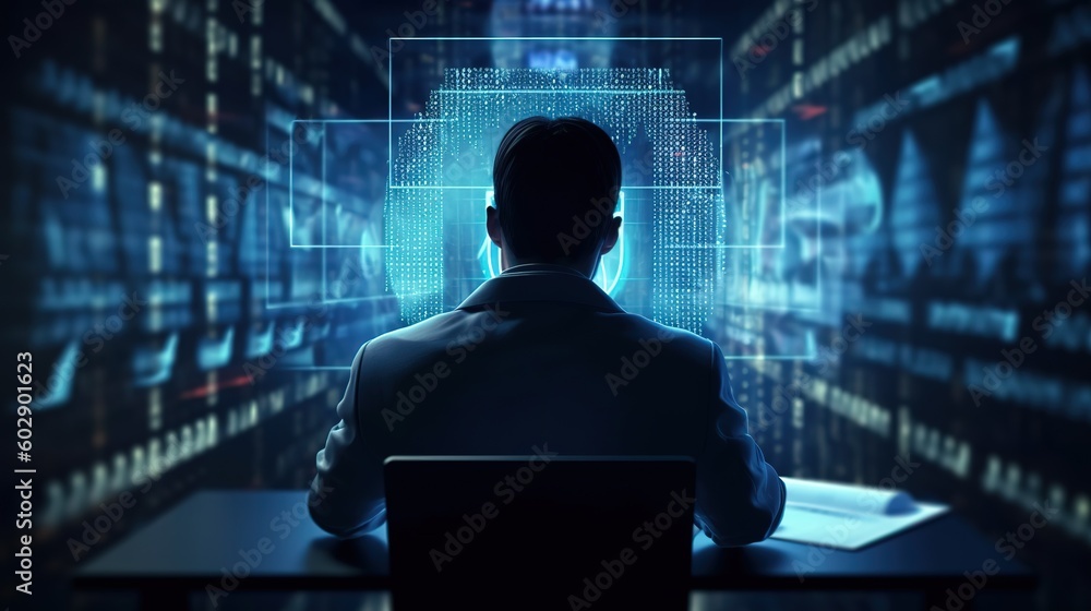 Poster A businessman is sitting at a computer, working on a computer.Generative AI