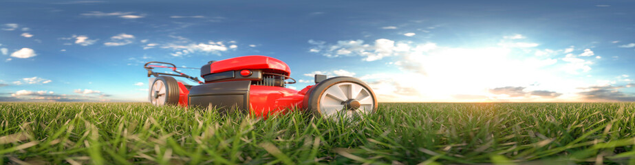 Modern red petrol lawnmower on a bright sunny summers day panoramic 3d render