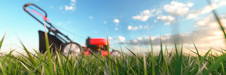 Modern red lawn mower on a bright sunny summers day in profile view 3d render - obrazy, fototapety, plakaty