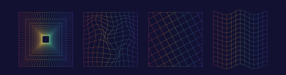Set of distorted wireframe grid  in rainbow color. Retrowave, synthwave, rave. Trendy retro 1980s, 90s style. Print, poster, banner.vaporwave