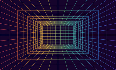 Grid room in perspective in 3d style. Indoor wireframe from rainbow laser beam,  digital empty box. Abstract geometric design