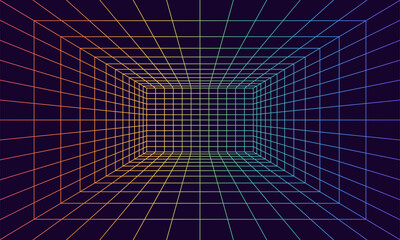 Grid room in perspective in 3d style. Indoor wireframe from rainbow laser beam,  digital empty box. Abstract geometric design