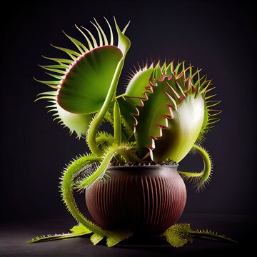 Venus Flytrap portrait in dark studio (Generative AI)