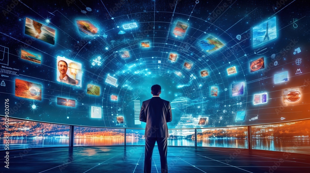 Poster a businessman programmer looks at graphs, statistics, formulas.generative ai