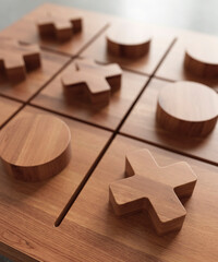 Tic Tak Toe naughts and crosses board game carved in wood concept 3d render