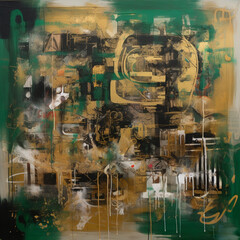 Industrial Elegance A Captivating Fusion of Collages, Paint, and Green-Sepia Palette on a Grand Canvas AI generated