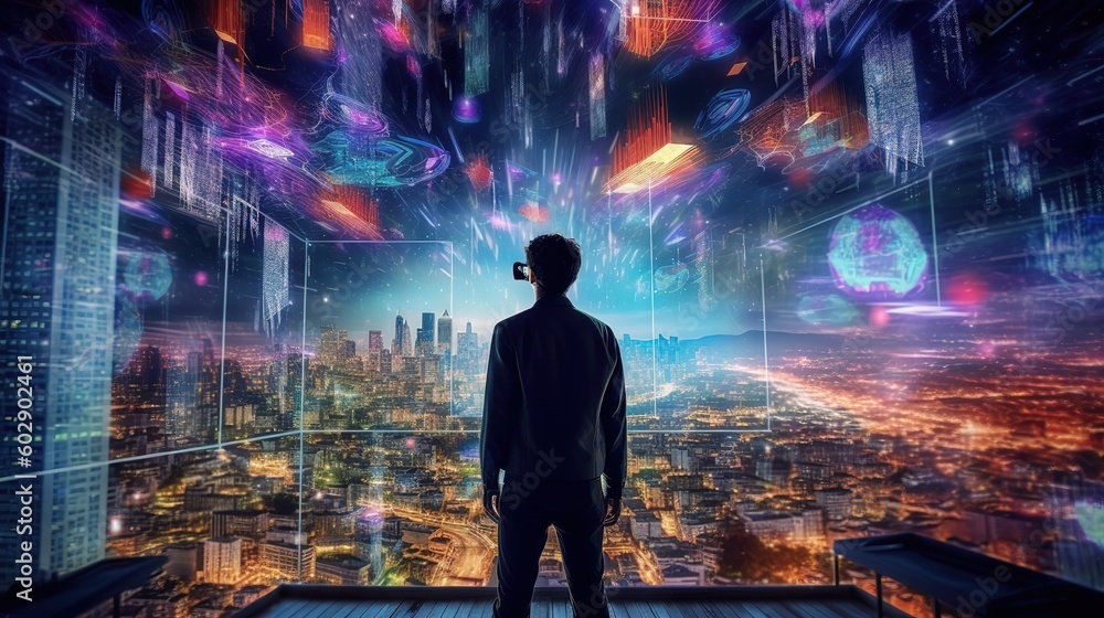 Fototapete a businessman programmer looks at graphs, statistics, formulas.generative ai