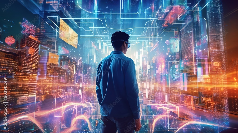 Fototapete a businessman programmer looks at graphs, statistics, formulas.generative ai