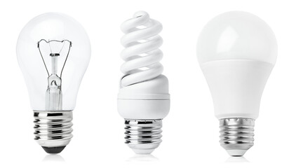 incandescent light bulb, fluorescent lamp and led light bulb on white isolated background