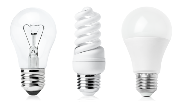 incandescent light bulb, fluorescent lamp and led light bulb on white isolated background