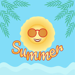 Summer background for postcards, congratulations, discounts. Yellow sun with a smile, wearing round sunglasses with a red rim, yellow text Summer at the bottom, green twigs with leaves at the top.