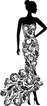 Vector silhouette of a woman in elegant dress with a floral ornament