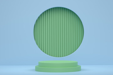 Pastel green cylinder podium with steps on blue background