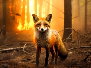 Surviving the flames: Fox observing the camera amidst a backdrop of burning forest