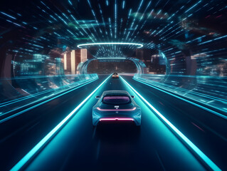 A self-driving car on a futuristic highway, showcasing the potential of AI technology in revolutionizing transportation Generative AI.