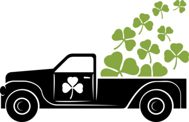 Saint Patrick's old truck and three leaf clovers. PNG illustration.