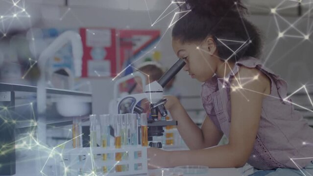 Animation of connections over biracial schoolgirl using microscope in science class