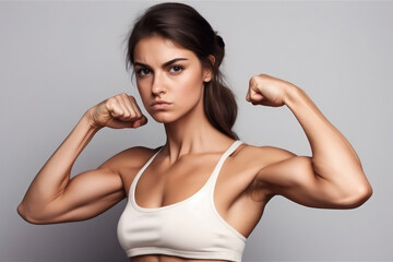 Fototapeta na wymiar Empowered Woman: Young Woman in Tank Top Flexing Muscles, Displaying Strength and Determination - Generative AI