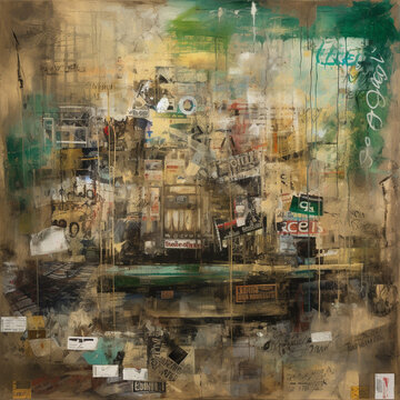 Ethereal Cityscape A Vibrant Fusion of Mixed Media, Stylized Urban Art, and Light Gold-Green Palette on Canvas AI generated © artefacti