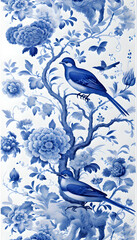 chinese porcelain painting of a bird on a branch among blossoms - generative AI