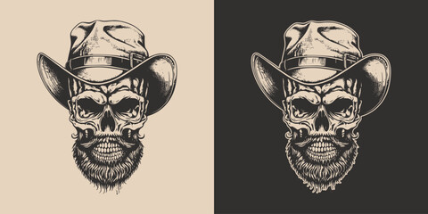 Set of vintage retro scary hipster cawboy skull in hat. Can be used like emblem, logo, badge, label. mark, poster or print. Monochrome Graphic Art. Vector. Hand drawn element in engraving