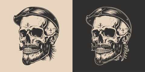 Set of vintage retro scary skull. Can be used like emblem, logo, badge, label. mark, poster or print. Monochrome Graphic Art. Vector. Hand drawn element in engraving