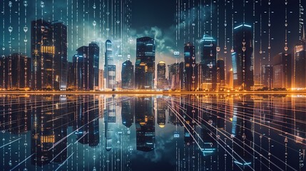 Plakat Modern tech cityscape with binary code around reflective skyscrapers. generative ai