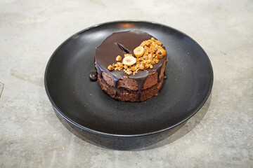 Chocolate mousse cake. Belgium chocolate mousse cake, selective focus