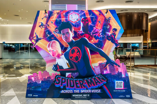 BANGKOK, THAILAND - 15 May, 2023 : A beautiful standee of a movie called Spider-Man: Across the Spider-Verse Display at the cinema to promote the movie