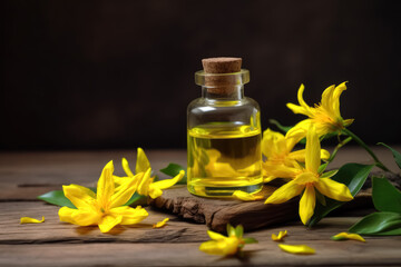 Obraz na płótnie Canvas Fragrant Ylang Ylang essential oil in a small glass bottle next to yellow fresh Ylang Ylang flowers also known as Cananga odorata in full bloom, dark rustic wood background. Generative AI.