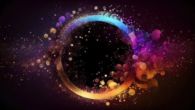 Magical neon background with bokeh lights and particles, explosion and swirl of sparkles, abstract dark background