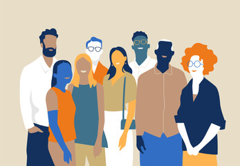 A diverse group of individuals, spanning different ages and social classes, stand side by side, united despite their differences, forming a harmonious and inclusive tableau.