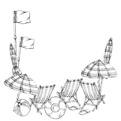 Hand drawn vector ink beach striped accessories bag chair umbrella. Square border frame. Isolated on white background. Design wall art, wedding, print, fabric, cover, card, tourism, travel booklet.