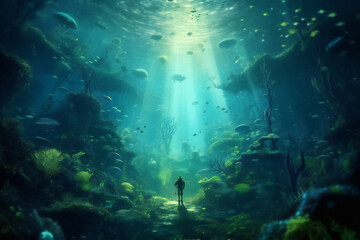 Obraz premium An underwater scene with a scuba diver Generative AI 