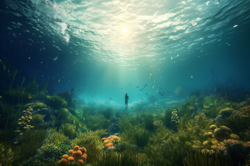 Fototapeta na wymiar An underwater scene with a scuba diver Generative AI 