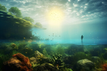 Obraz premium An underwater scene with a scuba diver Generative AI 