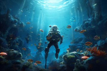 Naklejka na ściany i meble An underwater scene with a scuba diver Generative AI 