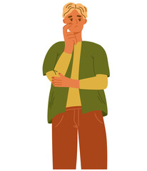 Young man thought Person character. Concept of thinking, decision, business problem solving, considered gesture. Flat vector illustration. 
