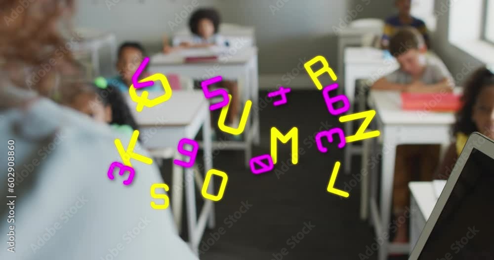 Poster Animation of data processing over diverse female addressing pupils at desks in class