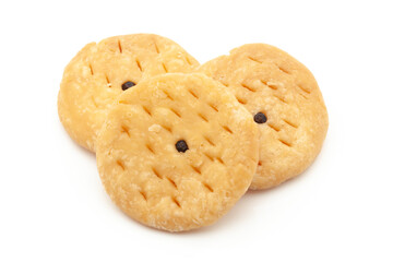 Three pieces of salted Masala crispy and crunchy Mathri or Matthi. Isolated on white background.